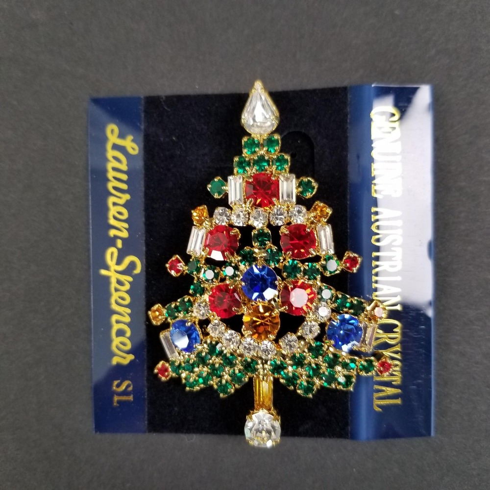 Lauren Spencer Austrian Crystal Christmas Tree Brooch Gold Tone‎ Holiday Pin